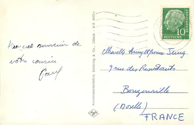 Widok panoramiczny rzeki Rhenu — Gruss vom schönen Rhein — Ansichtskartenfabrik Schöning & Co., N.R. 4412-v — Rewers