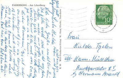 Paderborn - Am Liboriberg — vista com torre medieval e edifícios — editor W. Hans Klocke, n° K 10 — Verso