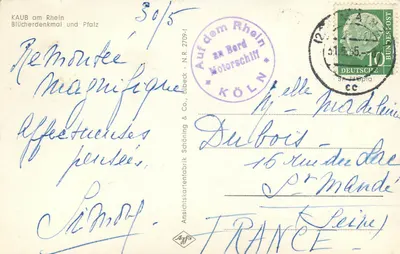 Zamek Kaub — na wyspie na Rynie — wydawca Anschlusskartentafabrik Schöning & Co., N.R. 2709-1 — Rewers