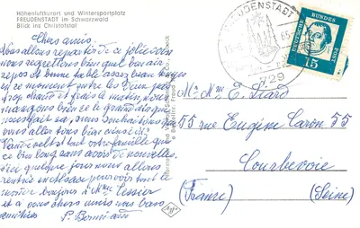 Freudenstadt — Hohenluftkurort e Wintersportplatz — Visão do Christofstal — editor Hersteller und Verlag Schöning & Co., Freudenstadt — Verso