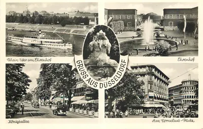 Düsseldorf — Vista de vários locais: margem do rio Reno no Ehrenhof, Ehrenhof, Königsallee, Am Cornelius-Platz — editor Affa, n° 185