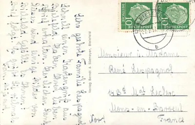 Bielefeld — Vista da Sparrenburg, do Botanischen Garten, do Rathaus, do Stadtheater, da Oelkerhalle e vista geral — Verlag Berndt & Südmeyer, Bielefeld — Verso