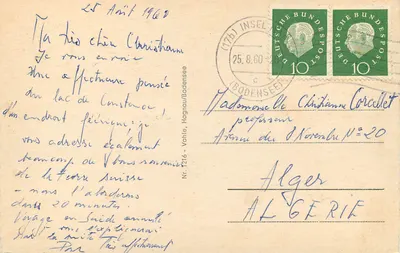 Meersburg a.B. — widok panoramiczny jeziora Konstancji z zamem i łódkami — wydawca nr 1216 — Rewers