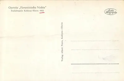 Operette "Florentijnse Nachten" — Openluchtpremies Koblenz/Rijn 1953 — Uitgever Albert Norm, Koblenz/Rijn — Achterkant