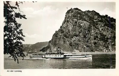 An der Loreley — vista do Reno com barco — Eckle Photographia, n° F 21