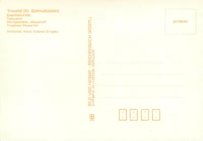 Trusetal — widok panoramiczny i wodospad — wydawca Bild und Heimat, seria 301093/87 — Rewers