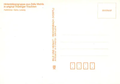 Grüße aus Thüringen — Grupa muzyków górskich z Zella-Mehlis w oryginalnych Thüringer strojach — Farbfotos: Opitz, Leipzig — Rewers