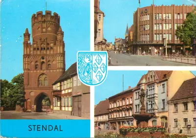 Stendal — Torre da Uenglinger Tor, HO-Warenhaus, praça com fonte — VEB Farbfoto Berlin