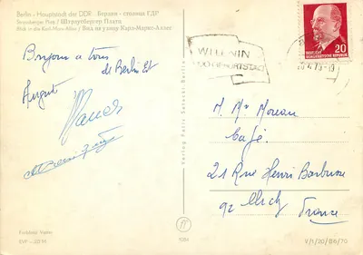 Berlim - Capital da RDA — Vista da Karl-Marx-Allee — Verlag Felix Setecki, Berlim, n° 1084 — Verso