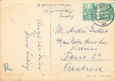Florestas nevadas — Boas-vindas para o novo ano — VEB Kunstkarte Dresden, n° 3055 — Verso