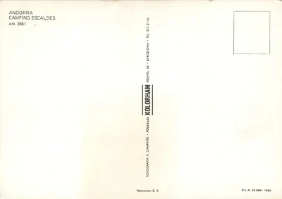 Camping Escaldes — Andorra — editor Werticrom, S.A., n° 2881 — Verso