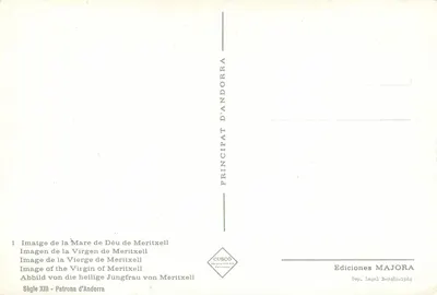 Vergine di Meritxell — statua della Vergine con il Bambino — Ediciones MAJORA, serie B-9482-1964 — Verso