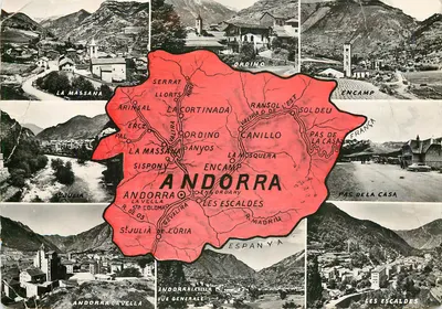 Andorre — vue générale avec carte et villages — éditeur REAL-PHOTO