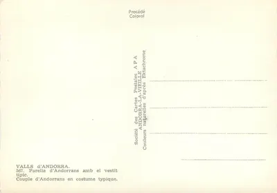 Valls d'Andorra — Coppia di Andorrani in costume tipico — Société des Cartes Postales A P A — Verso