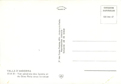 Valls d'Andorra — General view of the hairpin bends and Grau Roig under snow — Publisher AS de Cœur — Back
