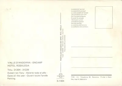 Hotel Rosaleda — Andorre-la-Vieille — wydawca Postales Escudo de Oro, nr E-1484 — Rewers