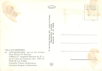 Andorra — Record — Valls d'Andorra, Pont Roman St Antoine, Chapelle de St Jean de Caselles — Verso