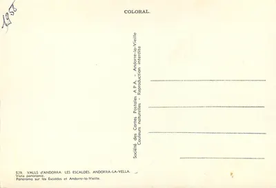 Valls d'Andorra — Les Escaldes e Andorre-la-Vieille — Société des Cartes Postales A.P.A. — Verso
