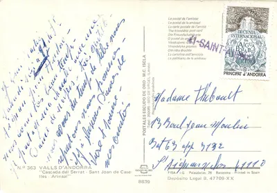 Andorra — krajobraz z wodospadami, kwiatami amandżowymi i wsią — Postales Escudo de Oro, nr 363 — Rewers