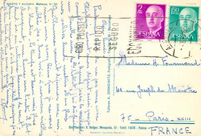 Puerto y Alcudia — widok panoramiczny z plażą, portem, zamekiem i hotellem — wydawca V. Rotger, seria N.º 755 — Rewers