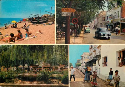 Praia, rua comercial, jardim e rua animada — Pineda, Espanha — editor Kodak, n° 464