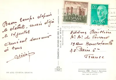 Costa Brava — widok plaży i skały — Wydawnictwo Escudo de Oro, nr 4715 — Rewers