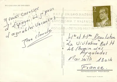Nowoczesna pocztówka Callosa de Ensarria — Rewers
