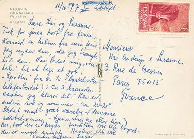 Bilhete postal moderno Mallorca Cala Ratjada Vista aérea — Verso