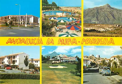 Andalucía La Nueva - Marbella — vista panorâmica com hotel, piscina, golfe e montanha