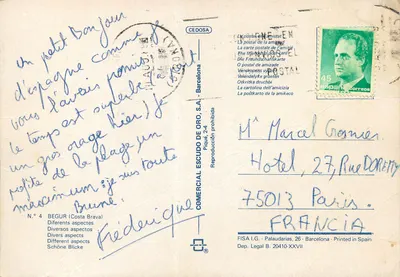 Begur — vue panoramique et hôtel côtier — éditeur COMERCIAL ESCUDO DE ORO, S.A. — Rewers