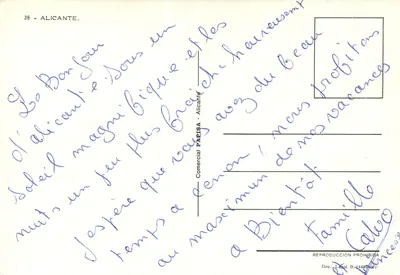Alicante — Vista da promenade, dançarina e porto — Comercial PARISA, n°38 — Verso