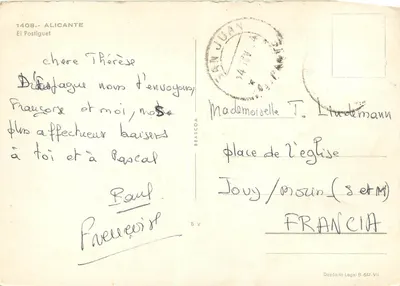Alicante — praia animada com montanha em segundo plano — El Postiguet n°1408 — Verso