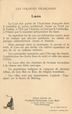 Colônias Francesas — O Laos — Edição especial dos Produtos Químicos Leão Negro — Verso