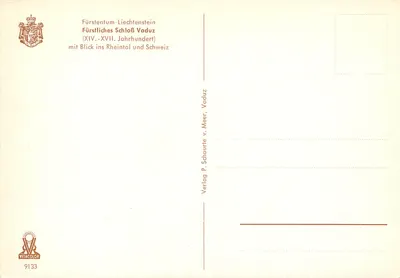 Zamek w Vaduzie — Liechtenstein — wydawca P. Schauret, nr 9133 — Rewers