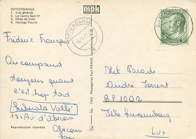 Differdange — Widok ogólny, Centrum Sportowe, Ratusz, Kwadratowy Zegar — mpk — Rewers