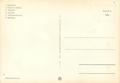 Echternach — Panorama, cadeira de pregador, Denzelt, arcadas, Schiessentümpel, basílica — Messageries Paul Kraus, Luxemburgo — Verso