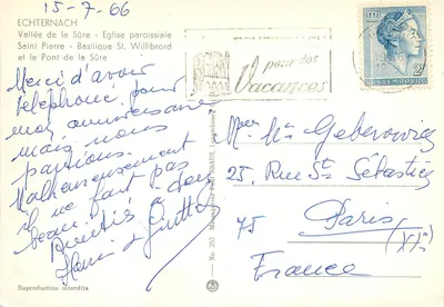 Echternach — Valle de la Sûre, Iglesia parroquial de San Pedro y el Puente de la Sûre — Editor KHAUS, No. 257 — Reverso