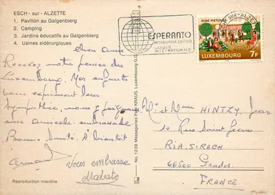Esch-sur-Alzette — Pavillon am Galgenberg, Camping, Bildungsgärten, Stahlwerke — Esperanto Internacia Lingo — Rückseite