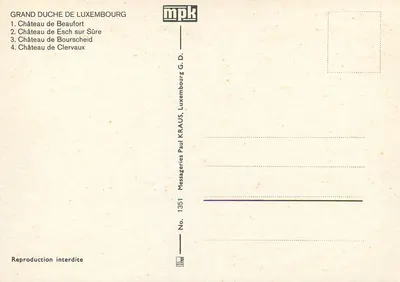 Zamek w Luksemburgu — Wielki Księstwo Luksemburskie — Messageries Paul Kraus, Nr 1351 — Rewers