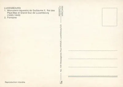 Luxemburg — Pamiątkowy pomnik jeździecki Wilhelma II i fontanna — Messageries Paul Kraus — Rewers