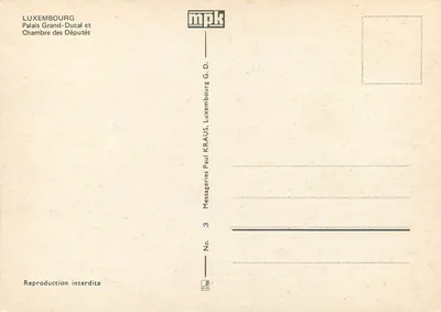 Palácio Granducal e Câmara dos Deputados — Luxemburgo — Messageries Paul Kraus, No. 3 — Verso