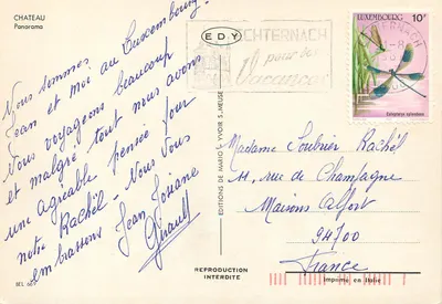 Esch-sur-Sûre — widok panoramiczny z pałacem i hotelami — Wydawnictwo Panorama Château — Rewers