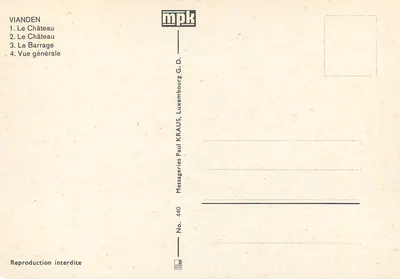 Vianden — Zamek, elektrownia i widok ogólny — Messageries Paul Kraus, Luksemburg — Rewers