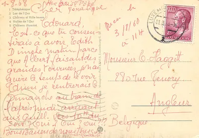 Vianden — Oświetlony zamek, jezioro i teleferyk — Messageries Paul KRAUS, Luksemburg — Rewers
