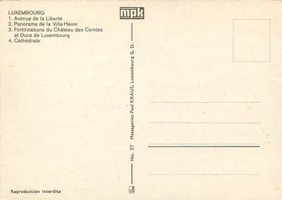 Luxemburgo — Panorama da Cidade Alta, Avenida da Liberdade, Fortificações do Castelo dos Condes e Catedral — Messageries Paul Kraus — Verso