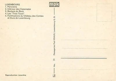 Luxemburg — Panorama, Forteca, Rochers du Bock — Messageries Paul Kraus — Rewers