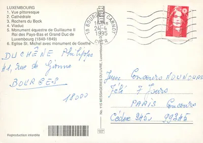 Widok malowniczy — Katedra — Rochers du Bock — Most — Pamiątka konna Guillaume II — Kościół św. Michała z pamiątką Goethe — Wydawca: Messageries du Livre, nr 115 — Rewers