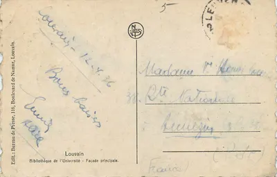 Louvain - Główne wejście Biblioteki Uniwersytetu — Wydawca: Biuro Prasy, Louvain — Rewers