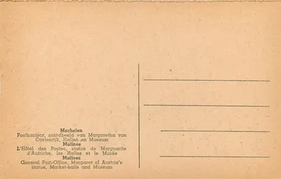 Mechelen — Hotel das Correios, estátua de Marguerite da Áustria e halls — editor não visível — Verso
