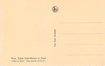 Anjo músico — Fechadura do Coro — Igreja de São Nicolau em Havré, Bruxelas — Editor Em. Thill, Bruxelas — Verso